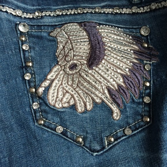 LA Idol USA Womens Jeans Boot Cut Sz 9 Feather Headdress Rhinestones Embellished - Picture 4 of 12